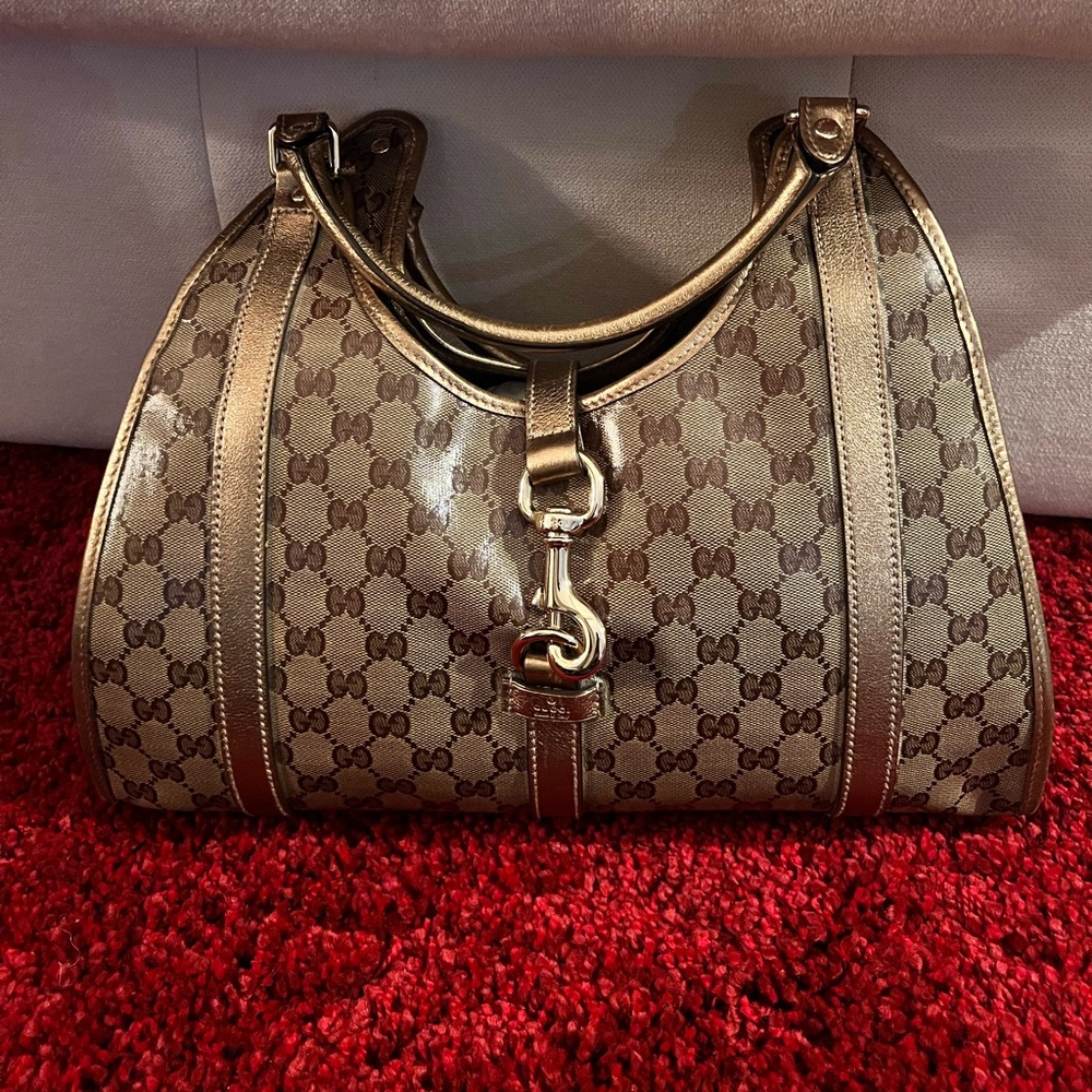 Gucci Gold GG Crystal Canvas Joy Bardot Handbag